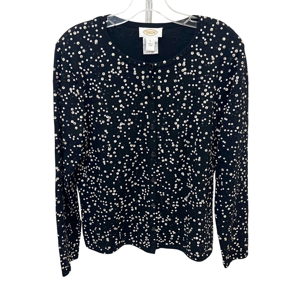 Talbots Black Merino Wool Sequin Button Front Cardigan Sweater Holiday LARGE
